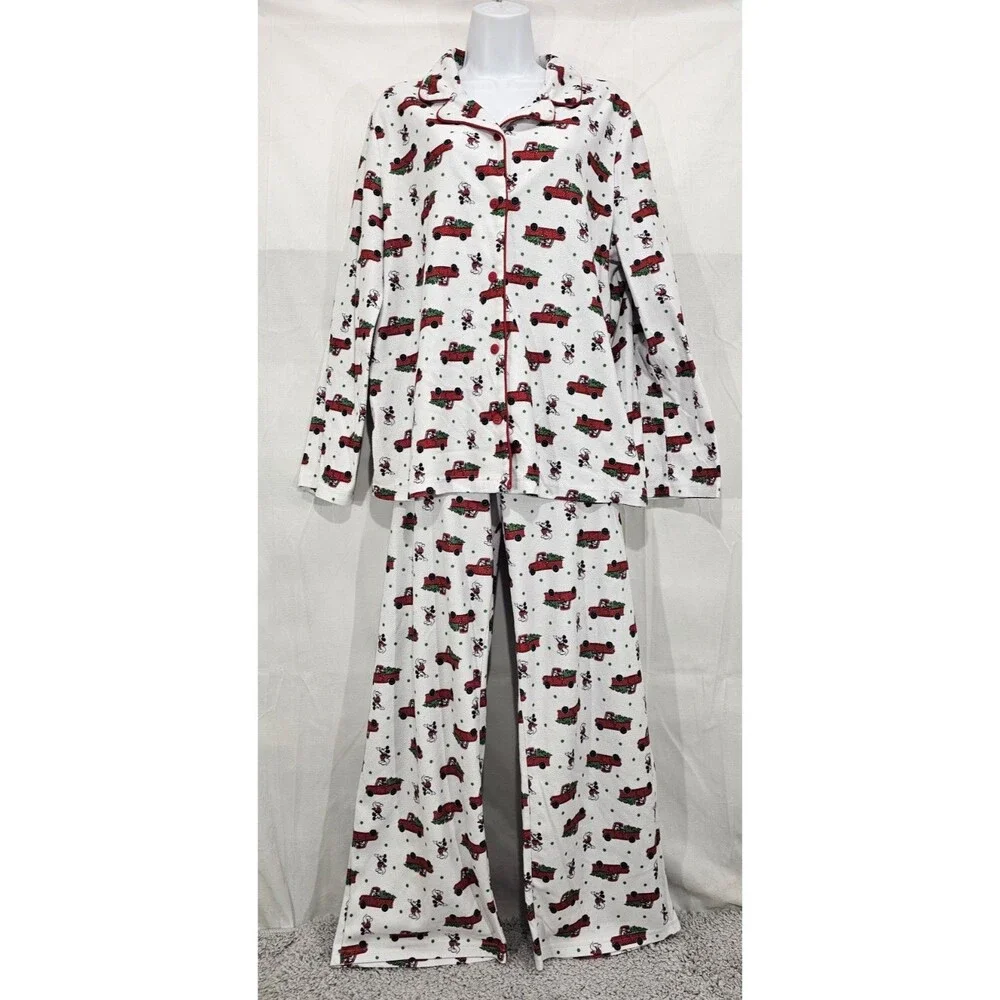 Disney Mickey Mouse Flannel Pajamas 2 Piece Red Truck Christmas Tree Womens XL